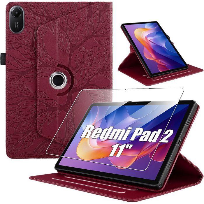 Coque + Verre Trempé pour Xiaomi Redmi Pad 2 11 Pouces 2025, Etui Rotatif Cuir PU Motif Arbre Rouge