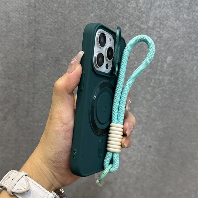 Luxe Standaard met Kickstand en Lanyard Magsafe Telefoonhoesje Voor iPhone 11 12 13 14 15 16 Pro Max Plus Magnetische Zachte Bumper Achterkant For iPhone 16 Plus groen