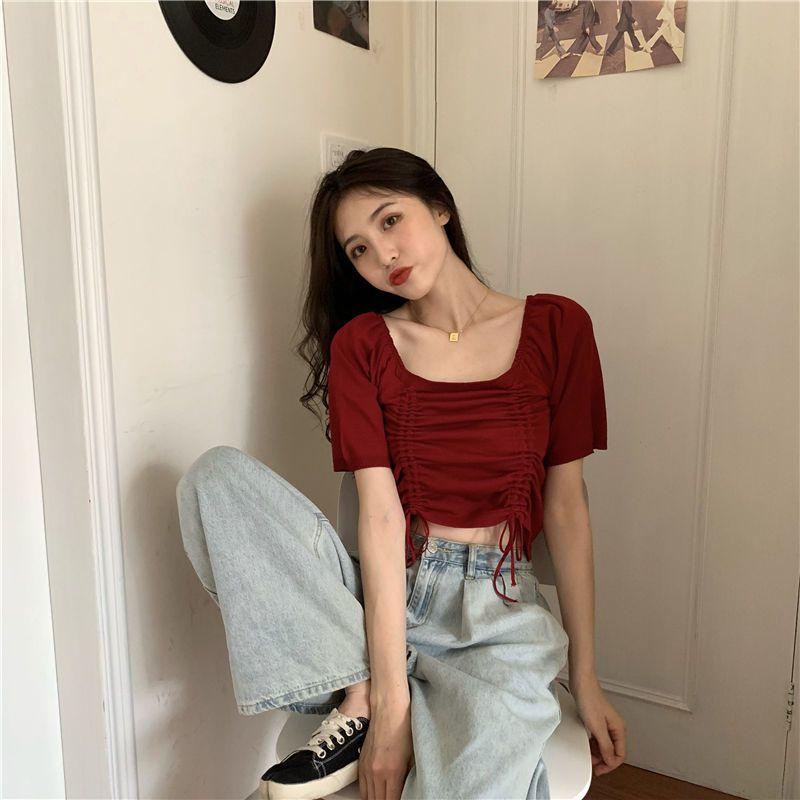 

Летняя корейская версия, облегающий свитер с квадратным вырезом и завязками, короткий вязаный свитер с рукавами для женщин, тонкий стиль, верхняя одежда, короткий топ L бордовый