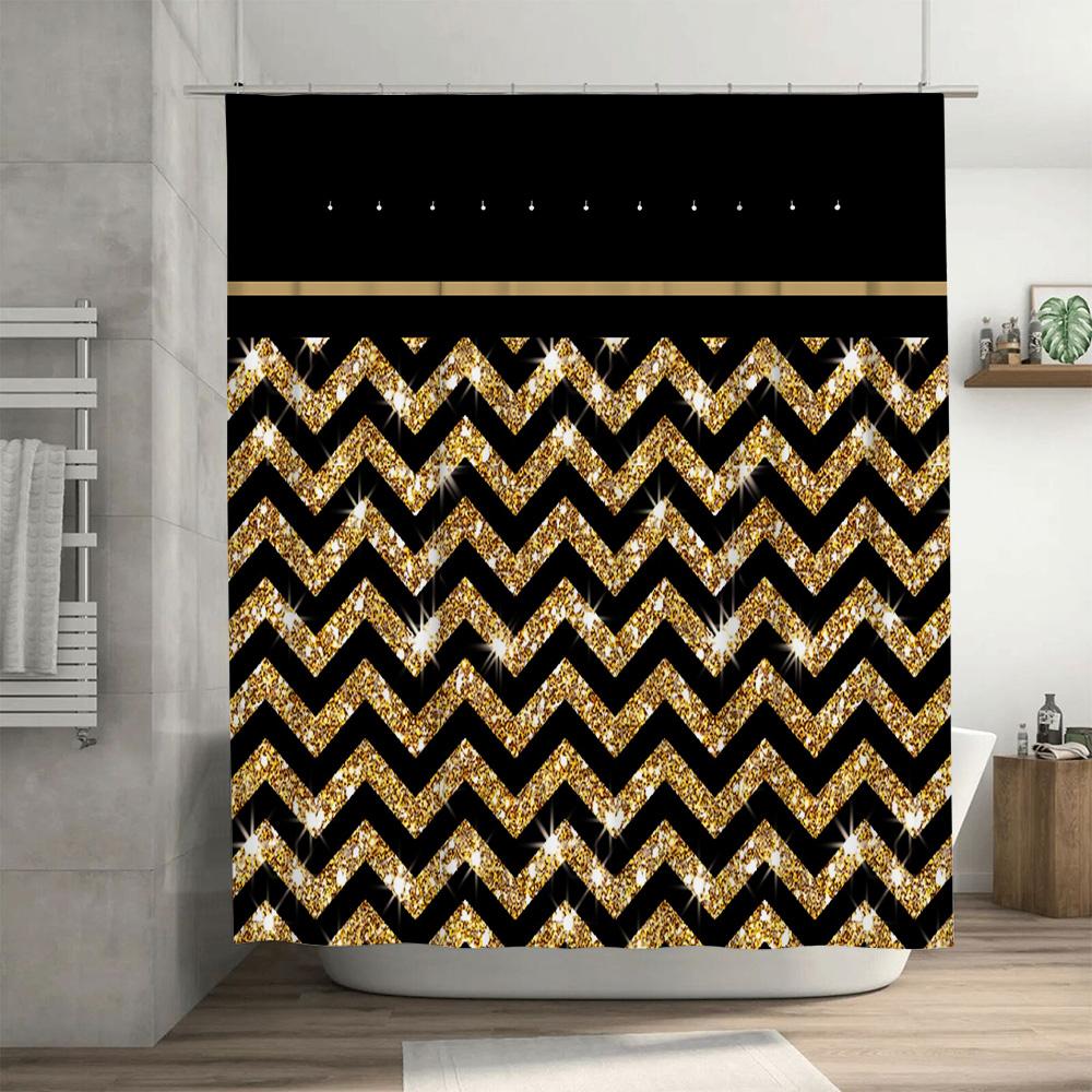 Vibrant Gold Chevron Shower Curtain For Bathroom Decor Shimmering Glitter Fabric With Rod Pockethole