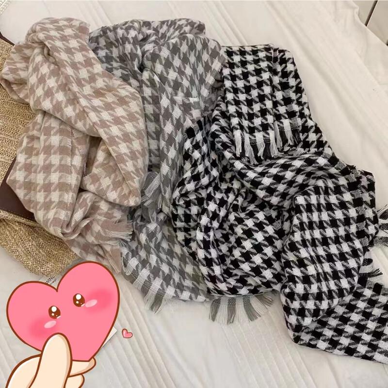 Unisex Knitted Plaid Houndstooth Tassel Scarf