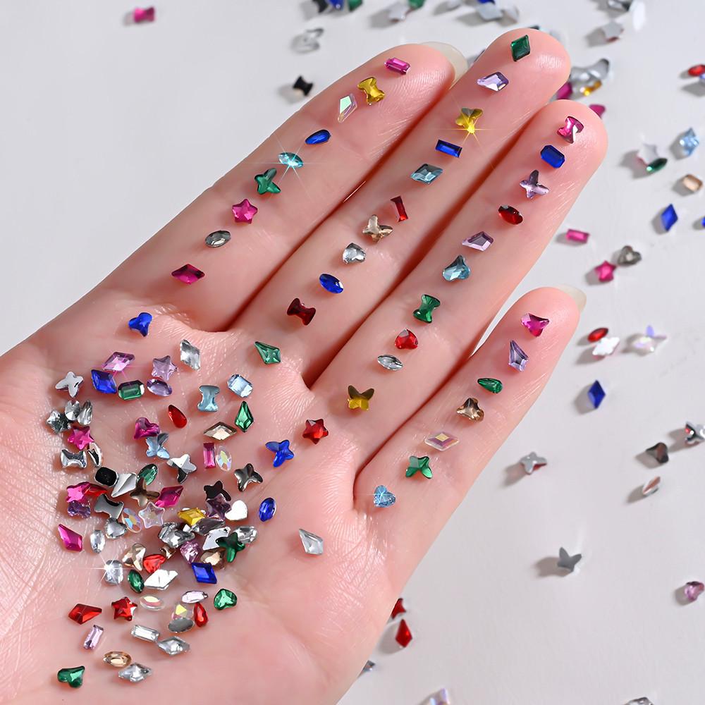 2000Pcs+ Colorful Rhinestones Nail Art Charms Multi Shape Crystal Flat Back Nail Gems 3D Mini Heart Star Butterfly Nail Diamonds