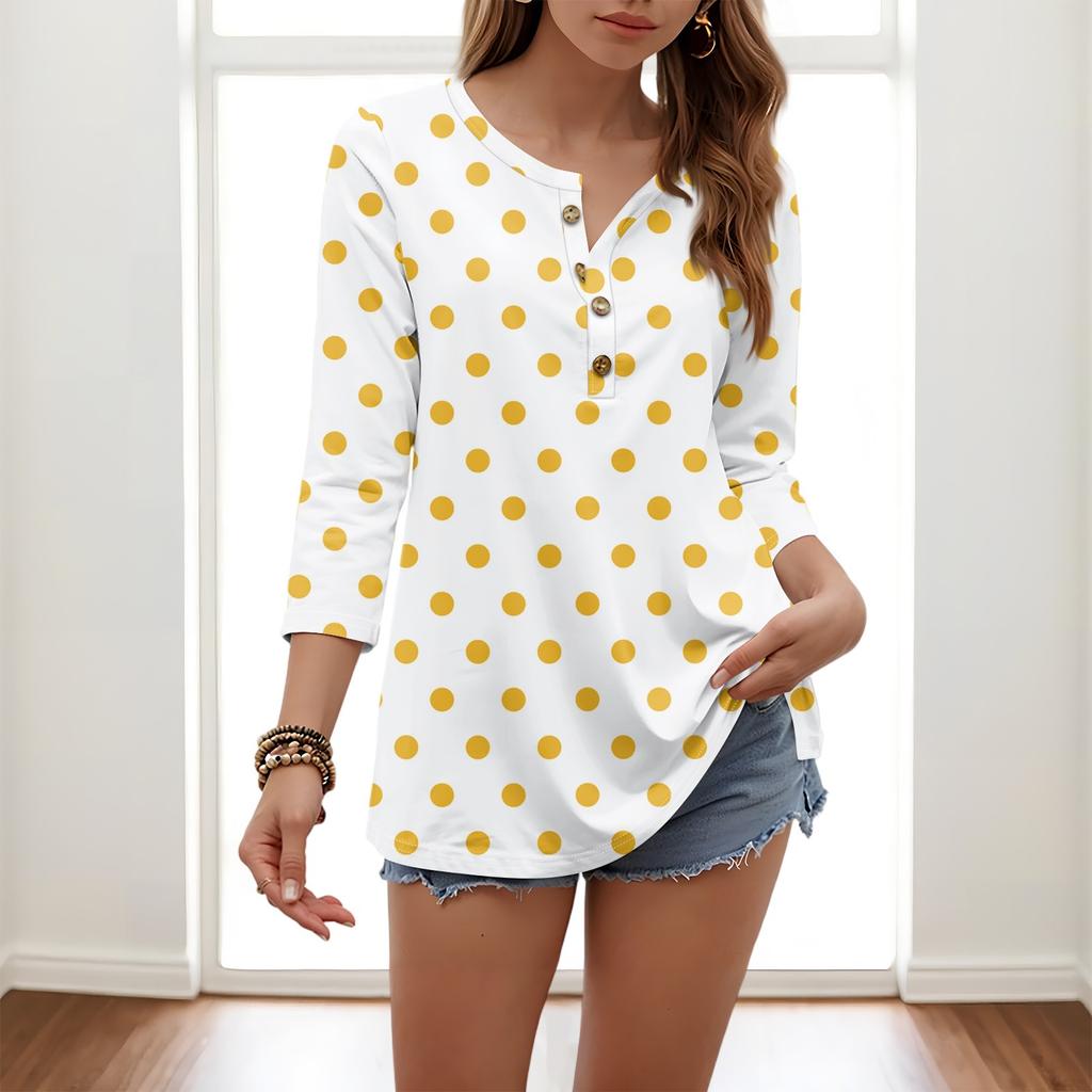 Summer  Women's Fashion Casual Three Quarter Sleeve Flower Buttons Print Round Neck Pullover Top Blouse