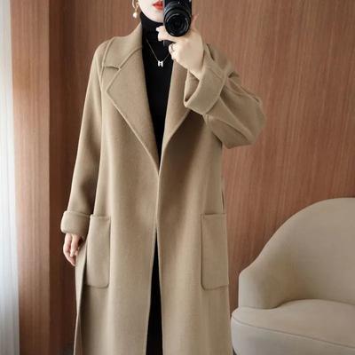 Herbst und Winter Doppelseitiger Woll-Doppelseitiger Kaschmir-Mantel Damen Winter Mittellang Locker Taschen Wolljacke Damen Übermantel