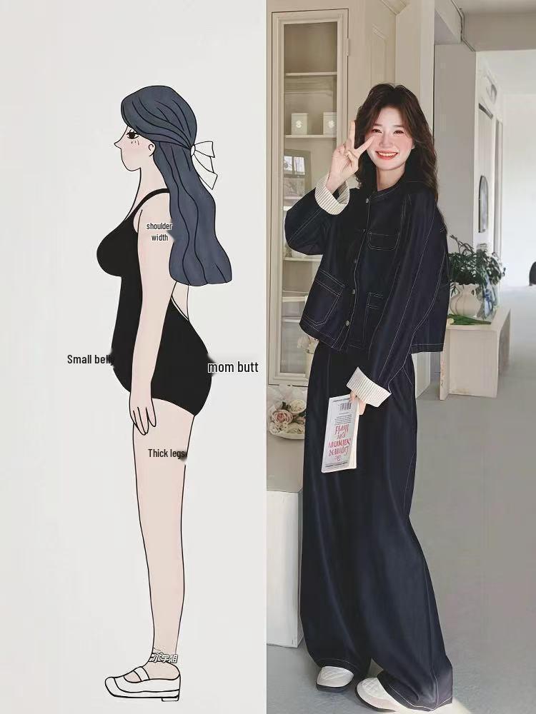 Women's Plus Size Spring & Autumn Denim Suit: Round Neck Jacket & Wide Leg Pants - Unique Two-Piece Set for Young Mothers.