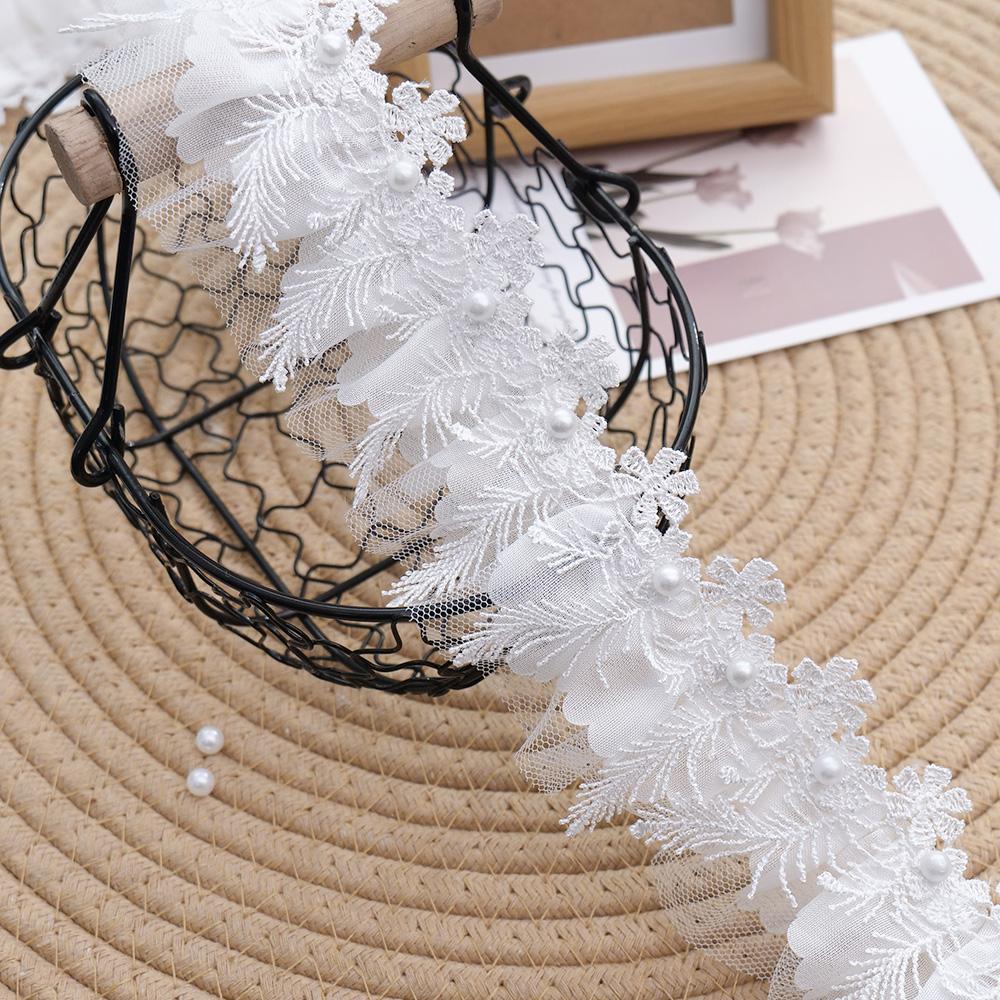 1M White 3D Rose Lace Trim Flower Embroidery With Pearl Wedding Dress Decor Tassel Patch DIY Crafts Supplies Needlework Ribbon