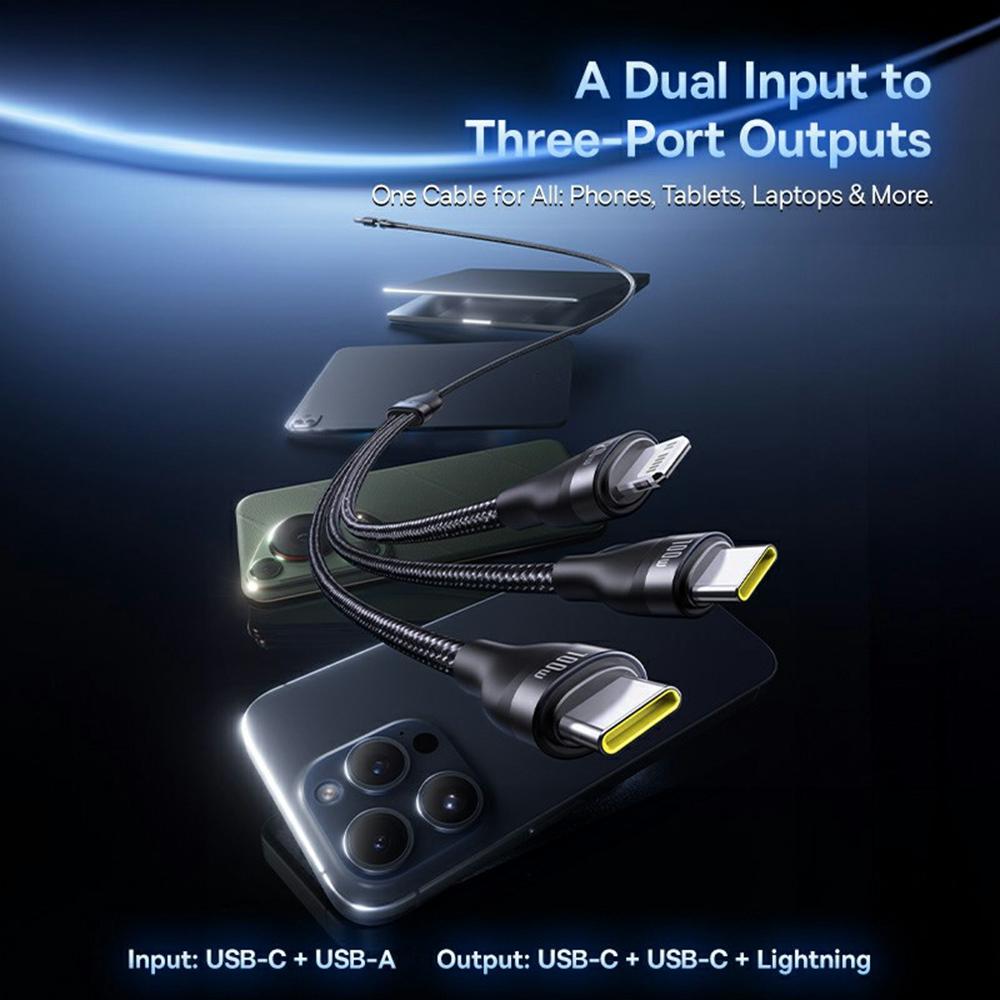 BASEUS Flash Series 3 Two-For-Three Fast Charging Cable USB+Type-C to Type-C+Type-C+Lightning 100W 1.5m,Black
