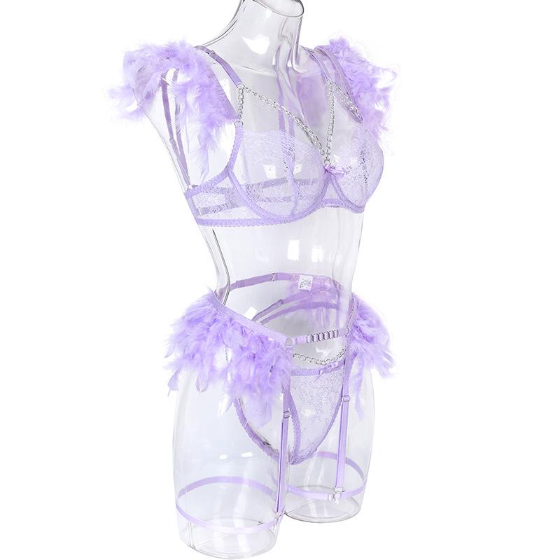 Metal Chain Lace Feather Lace Sexy Lingerie Women Thong Set of 3