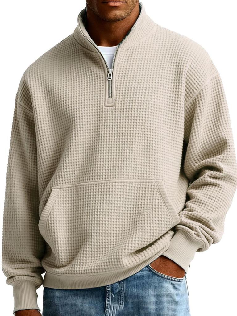 Men's American-Style Zipper Waffle Knit Hoodie - Solid Color, Loose Fit