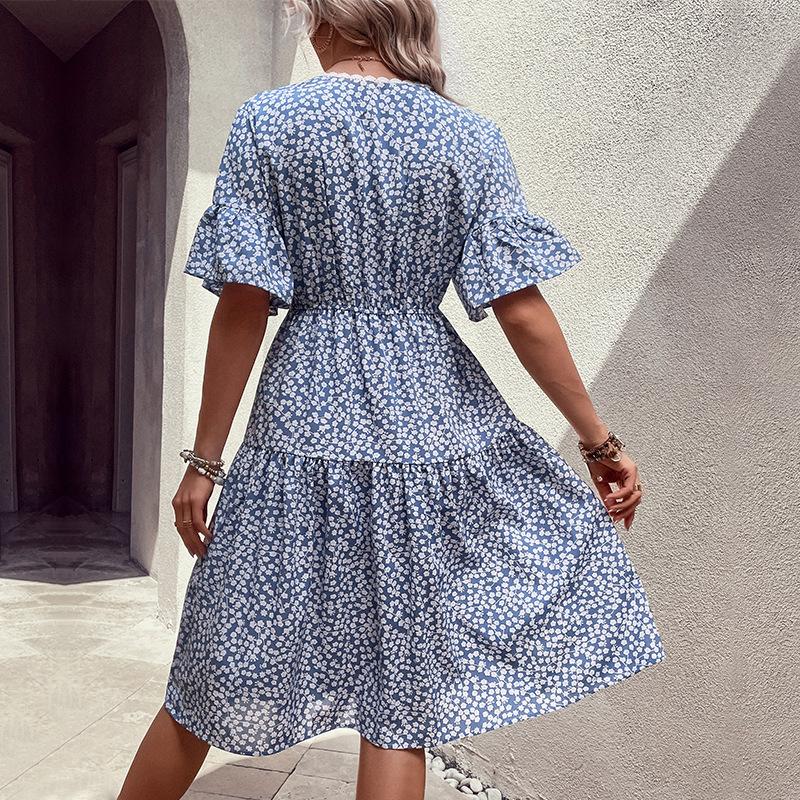 2025 New Summer Fresh and Sweet Wind Print V-neck Blue Dress