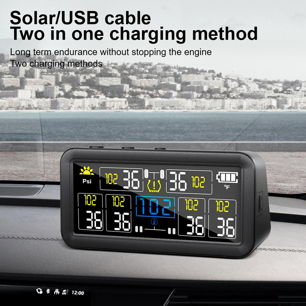 Wasserdichte Reifendruck-Temperaturwarnung 0~9.9Bar LKW Wohnmobil Solar TPMS 4/6 Externe Sensoren Auto Reifendruckalarm Digitales LCD-Display