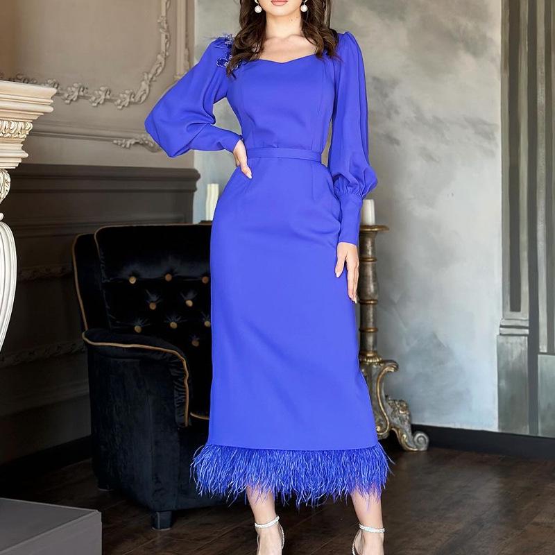 

2023 Осень Платье высокого класса с бахромой по подолу - Однотонное, Европейский и американский стиль XL синий
