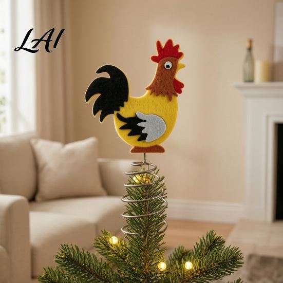 Farmhouse Cork Decoration Felt Rooster Christmas Tree Topper Xmas Top Cock Decoration Decor Animal Topper with Metal Spring Base Party Supplies