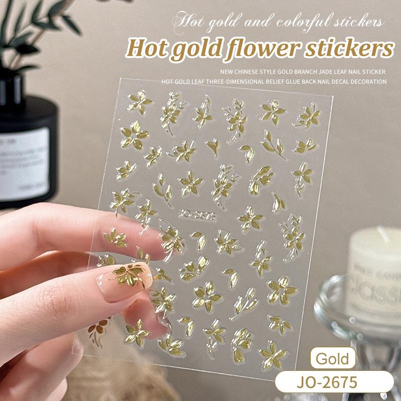 

1 лист 3D наклейки для дизайна ногтей с розовым золотом, ультратонкие самоклеящиеся наклейки золотого цвета для самостоятельного маникюра JO-2675 золотой
