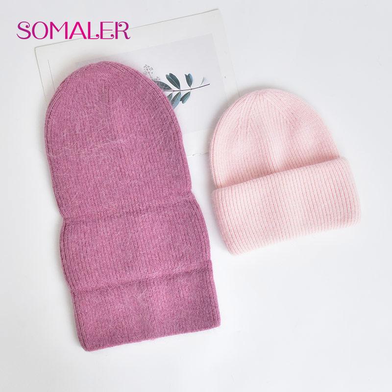 SOMALER Wide Cuff Knit Hats for Women Winter Angora Wool Blend Beanie Soft Warm High Quality Ski Caps