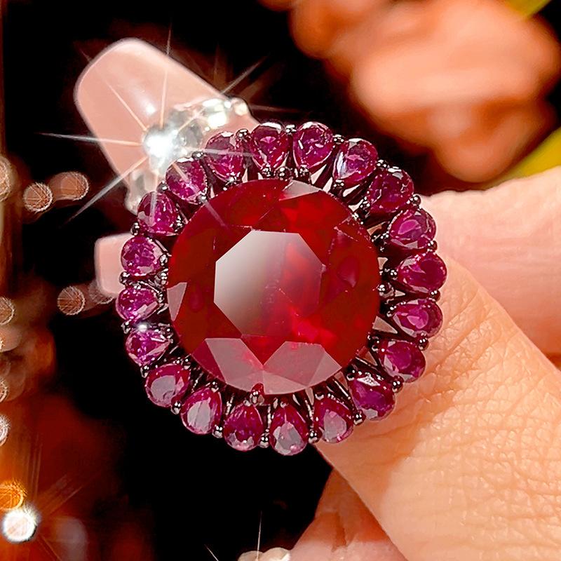 Autumn and Winter New Huabi Jewelry Copper Bottom Gold-plated Simulation Red Corundum Advanced Black Gold Set Main Stone 16-10m