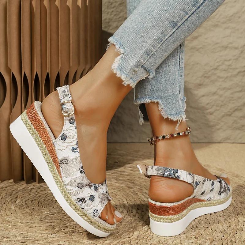Fashion Fashion Printing Wedge Sandals for Women Summer 2025 Peep Toe Platform Sandles Woman Lightweight Non Slip Beach Sandalias Mujer