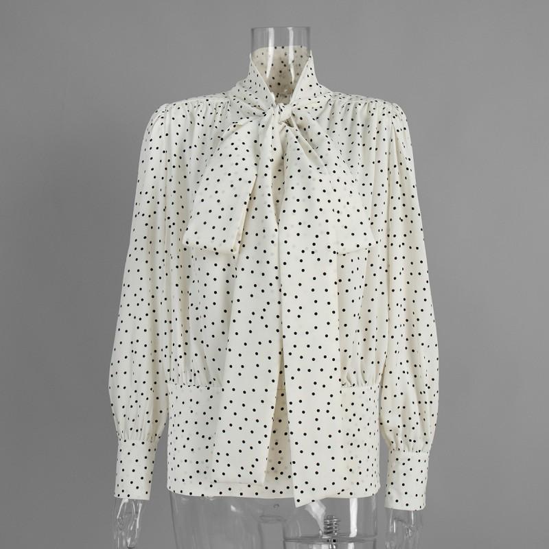 French Polka Dot Tie Shirt 2026 Loose Chiffon Blouse Long Sleeve Bubble Top
