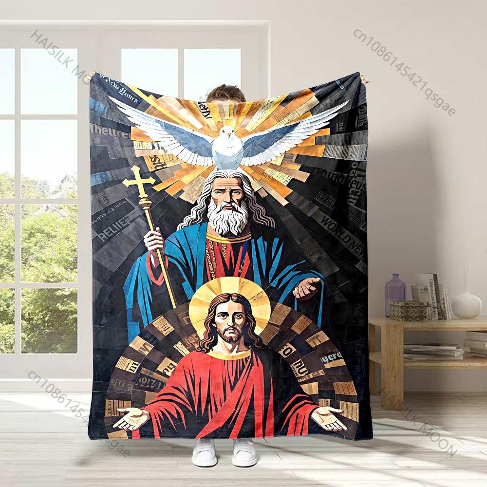 1PC Father, Son, Holy Spirit Faith-printed Flannel Blanket Soft and Warm Suitable for Home Travel Picnics Camping and RV Use