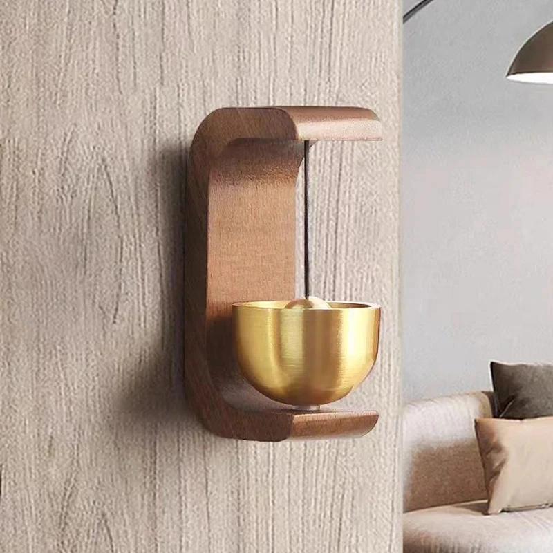 Solid Wooden Round Doorbell with Magnetic Brass Wind Chimes Wireless Jingle Bell Entrance Bell Pendant for Home Decoration