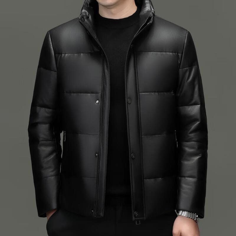 Yiliteng Men's Stand Collar Genuine Leather Goose Down Puffer Jacket