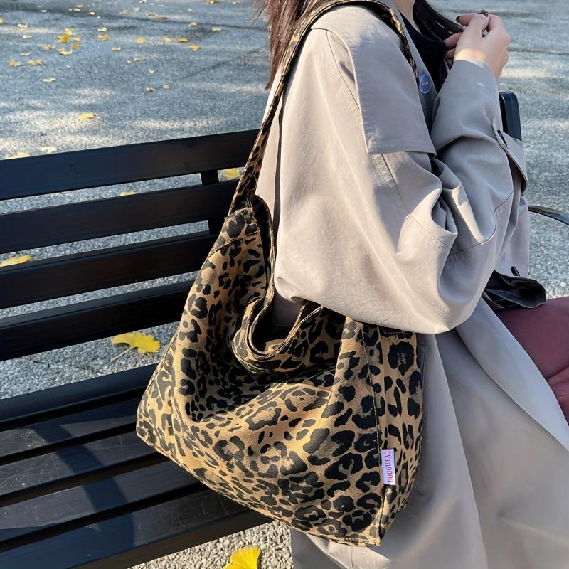Leopardenmuster Canvas-Tragetasche für Damen Große Kapazität Lässige Umhängetasche Koreanischer Stil Herbst Winter Handtasche Stofftasche
