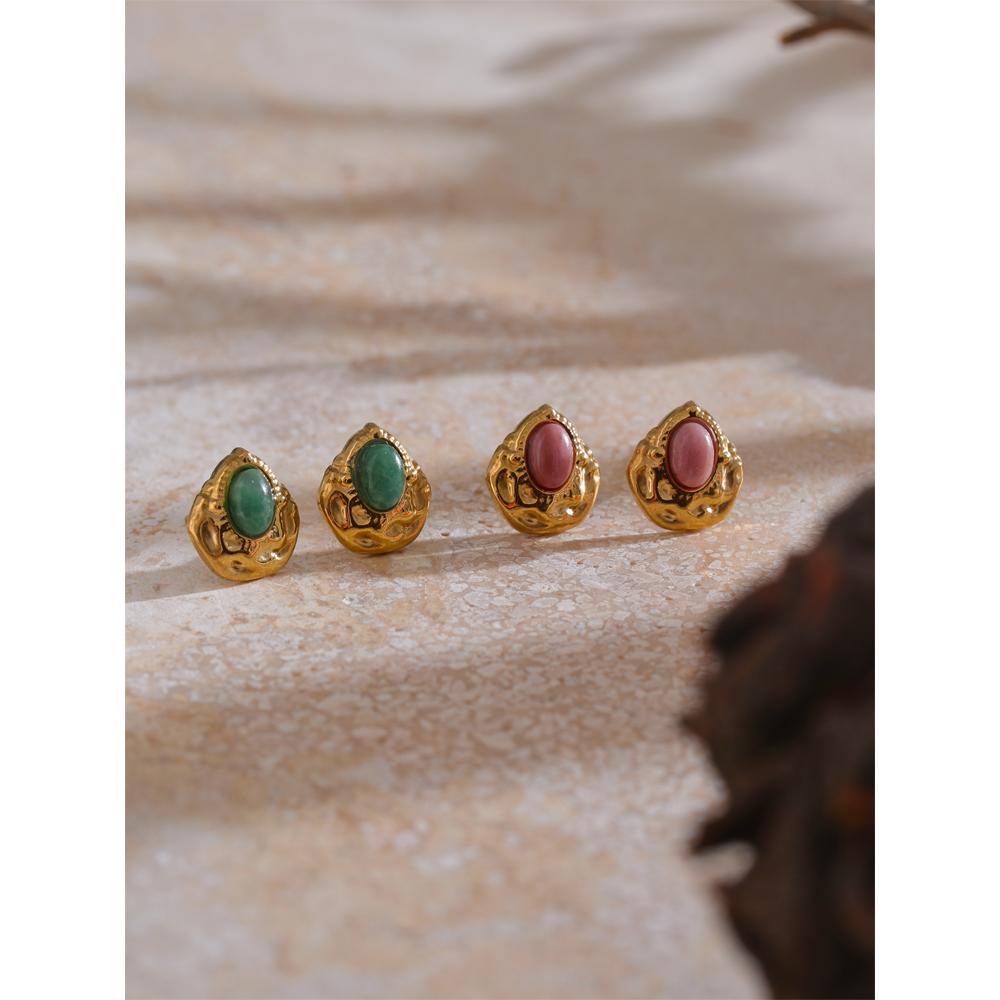 Yhpup France Vintage Style Stainless Steel Natural Stone Smaller Golden Stud Earrings Anti Allergic Metal Popular Jewelry