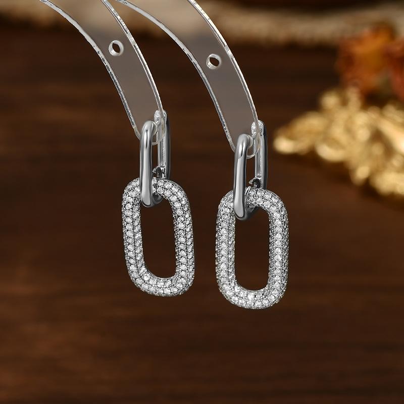Stainless Steel Double Loop Drop Earrings for Women Girls Geometric Round Rhinestone Pendant Earrings Jewelry Gift