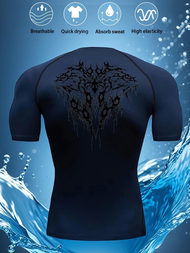 Men's Compression Shirt Quick Dry Gray Gym T-Shirt Black Tribal Wolf Back Print Workout Sportswear