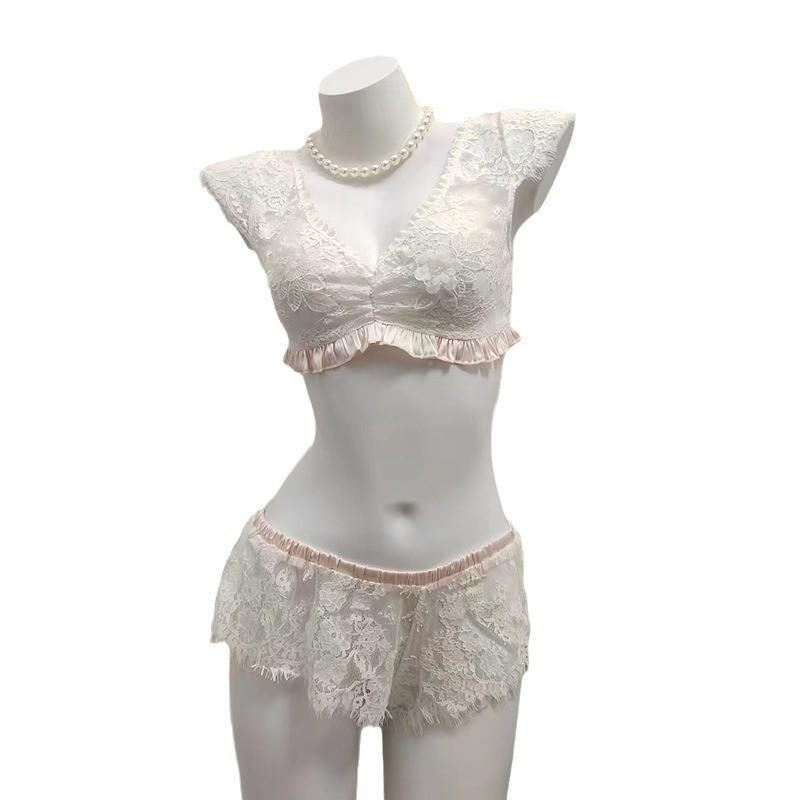 

Женский сексуальный кружевной прозрачный пижамный комплект с полым дизайном и без косточек для весны и осени Large грязно-белый