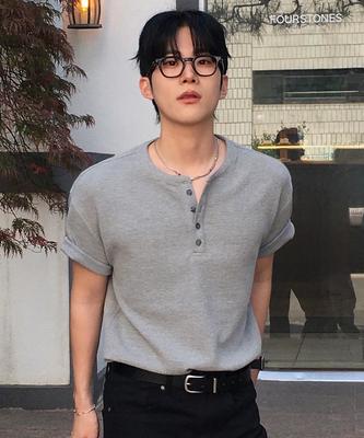 DRAW FIT Waffle Henley Neck Half T-Shirt [Melange]