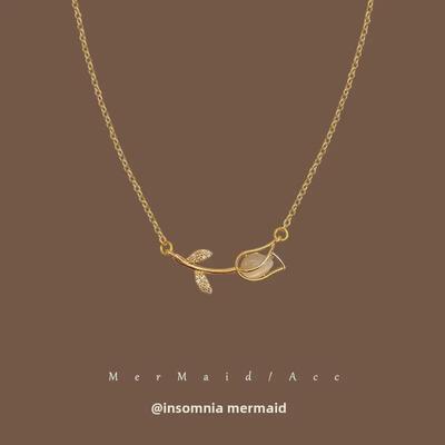French Tulip Flower Titanium Steel Clavicle Necklace with Long Tassel - Trendy and Sparkling Accessories