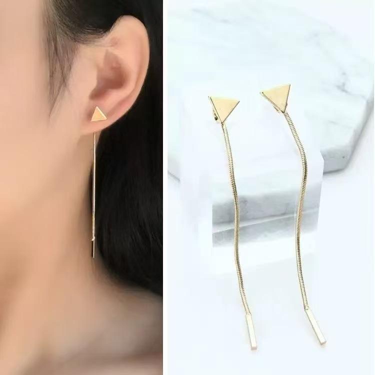 

2026 Gold Triangle Stud Earrings with Ear Chain - Fashionable, Simple, Elegant Style for Girls.