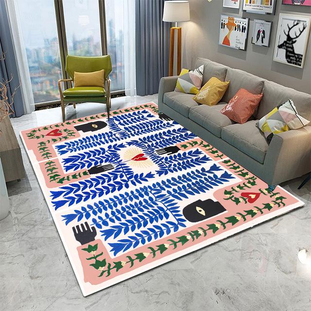 Abstract Blue Human Figure Carpet Mat Red Flower Pattern Modern Living Room Rug with Dotted Texture Home Bedroom Decoration