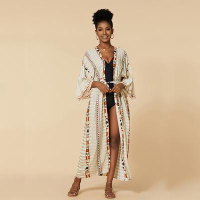 2023 Retro Printed Dress Long Sleeve Self Belted Plus Size Bohemian Kimono Women Street Wear Casual Maxi Dress Q1228