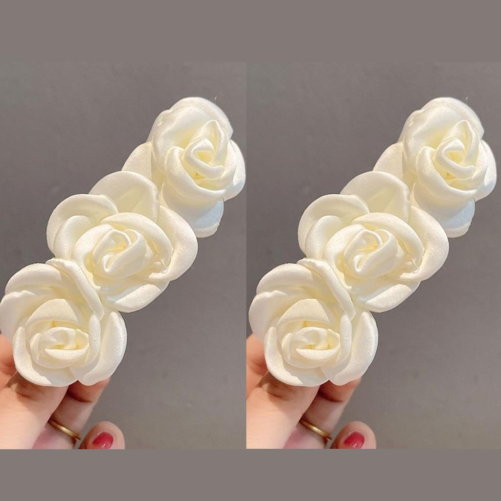 2Pcs White Rose Flower Hair Clips for Women, Elegant Organza Satin Hair Barrettes, Bridal Hair Accessories for Wedding, Party &