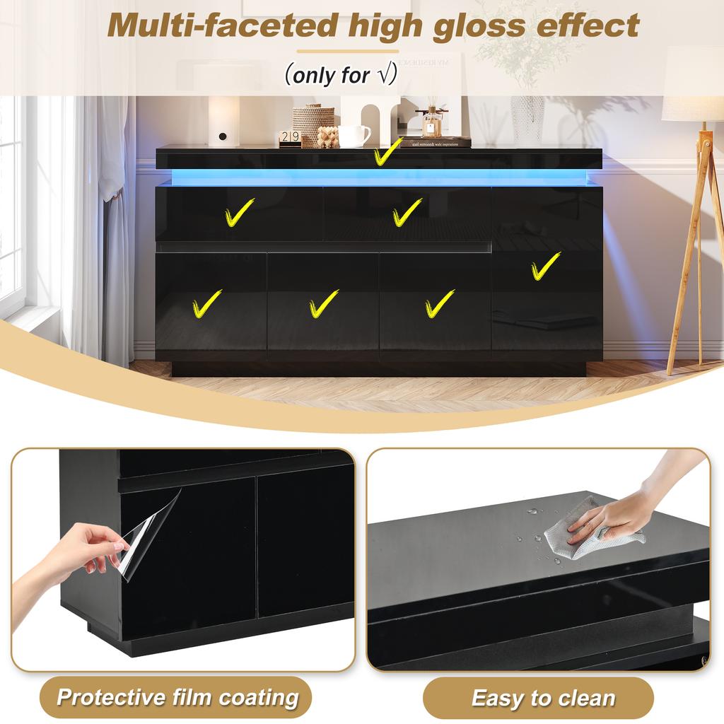 140 x 35 x 72,5 cm Wohnzimmerschrank, Sideboard mit 2 Schubladen, Hochglanz-Schubladenschrank, Schrank mit 4 Türen, LED-Standmöbel, Schwarz
