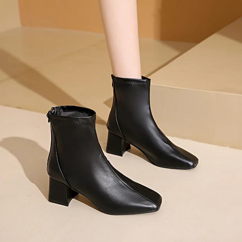 Модне взуття Жіноче 2024 Великий розмір Сучасні жіночі чоботи Елегантні черевики до щиколотки Жіночі Шиті Квадратний носок Застібка-блискавка ззаду Взуття на високих підборах Жіноче