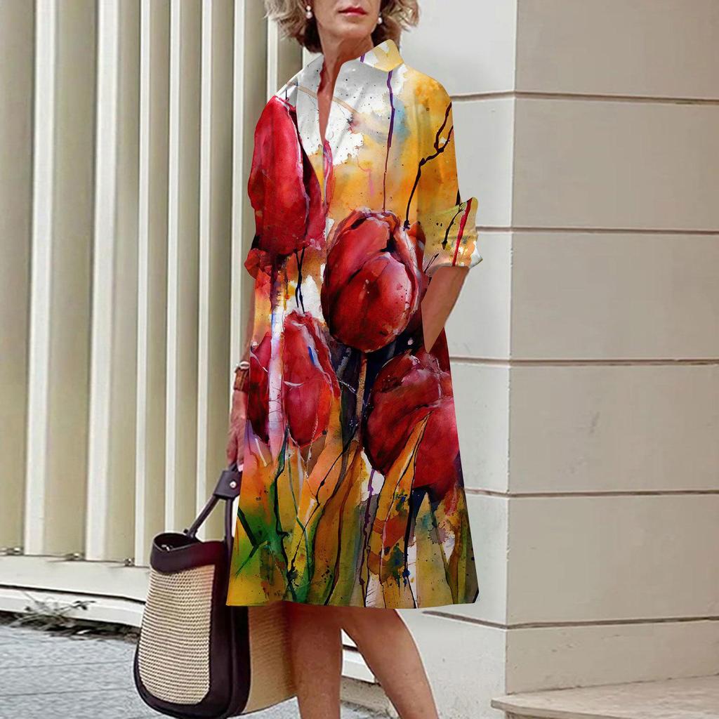 2023 Retro Kwiecista Jednorzędowa Sukienka Koszulowa dla Miejskich Kobiet