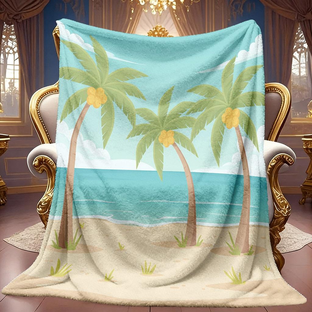 1pc 2D Beach Palm Tree Theme Pattern Flannel Blanket, Soft HD Digital Print, Cooling Blanket All-Season Use! Soft And Breathable 100% Polyester Fiber,