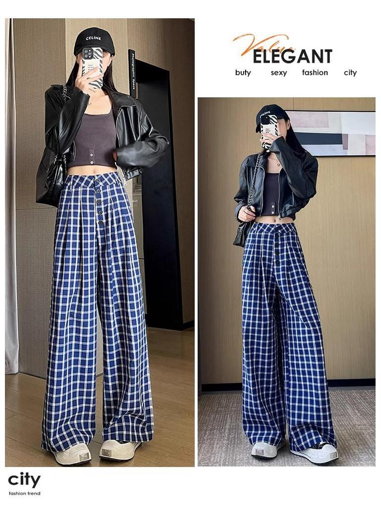Women's Retro Plaid Double-Breasted Straight-Leg Wide-Leg Pants - Zhao Lusi Style, Spring & Autumn Collection In Blue.