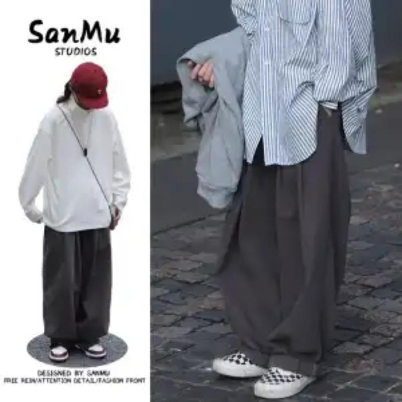 Spring Men Khaki Wide Leg Pants Side Stripe Casual Baggy Trousers Cotton