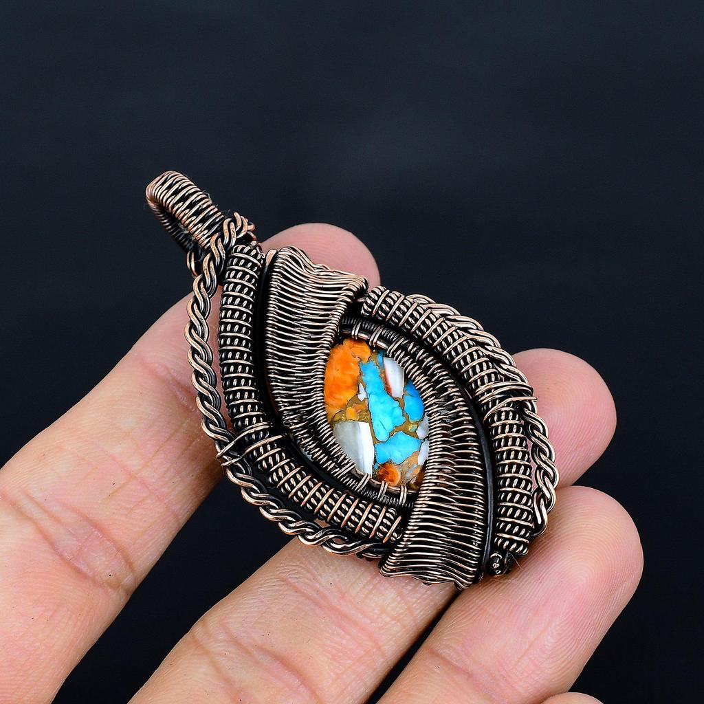 Orange Spiny Oyster Pendant, 999 Copper Wire Wrap Silver Gemstone Jewelry, Handmade Pendant Amazing Jewelry, Gift For Her