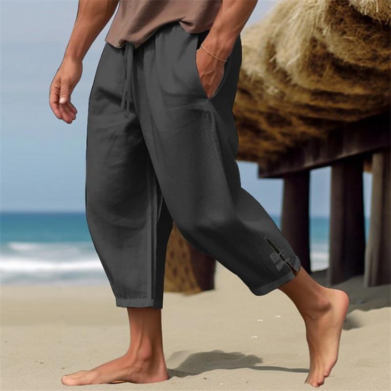 

Mens Casual Solid Color Drawstring Waist Linen Cropped Pants With Pockets S чёрный