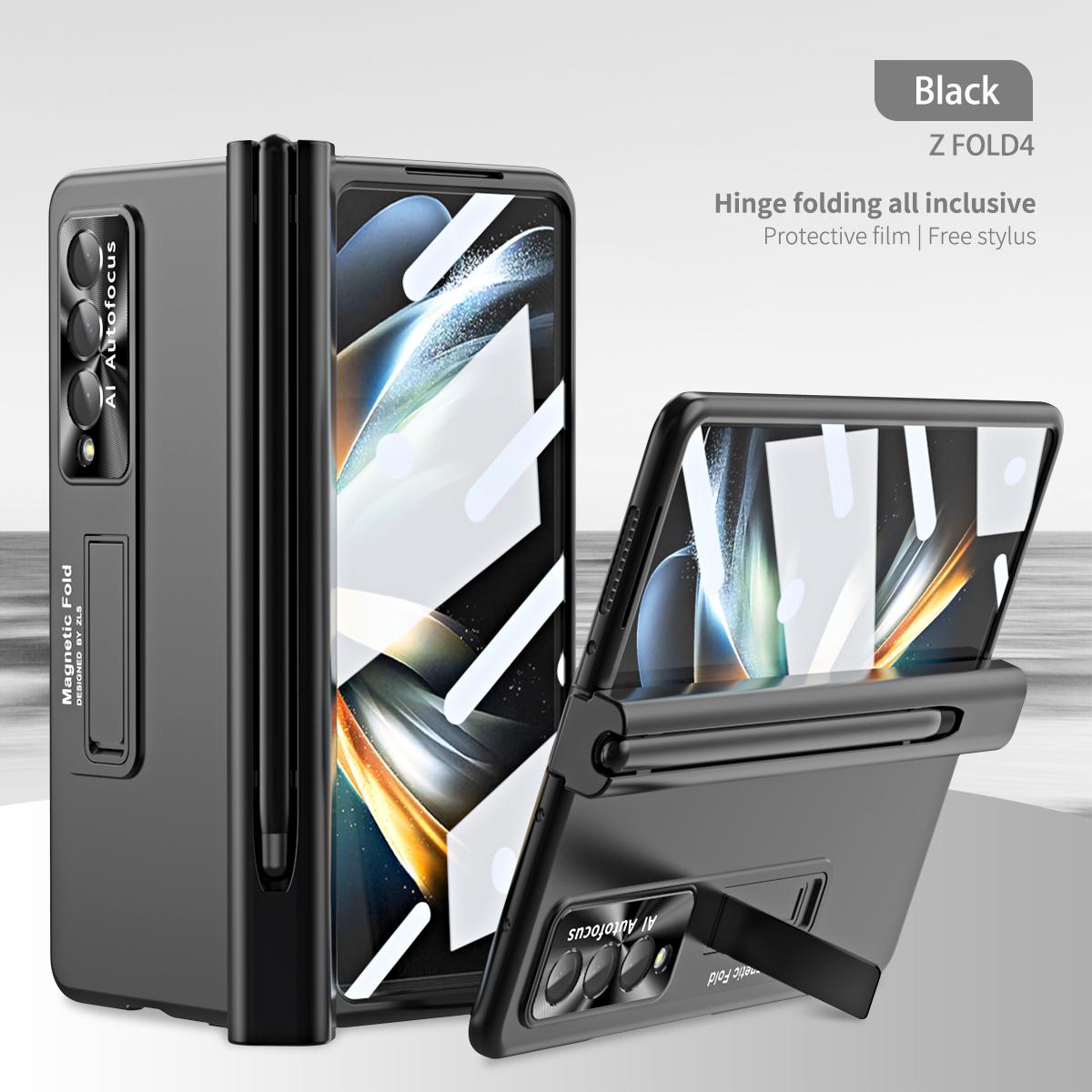 

Чехол с магнитной подставкой для Samsung Galaxy Z Fold 6, 5, 4, 3, со стилусом, защитная стеклянная пленка на весь экран, складной чехол For Galaxy Z Fold 4 чёрный