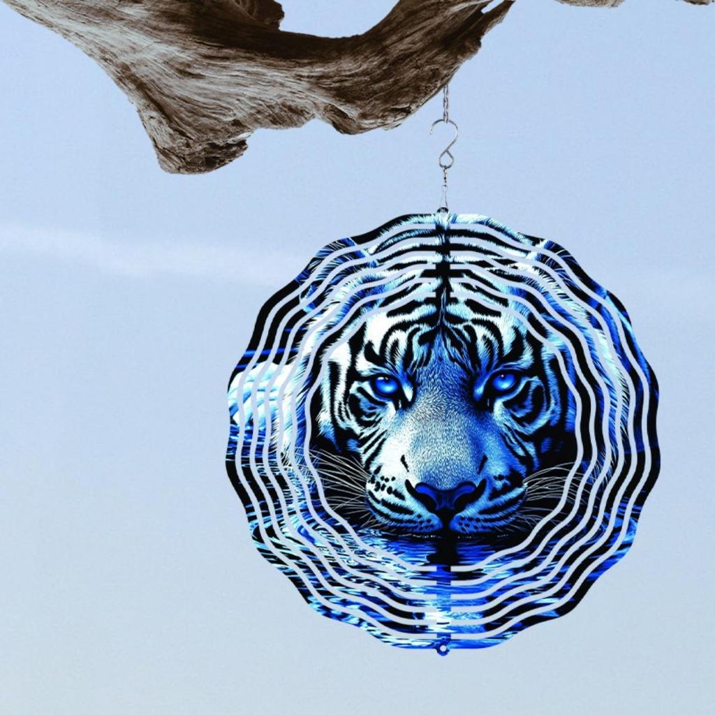 Metal Wind Spinner 2D Blue Tiger Design Hanging Decor for Garden Yard Balcony Outdoor Decoration No Battery Needed