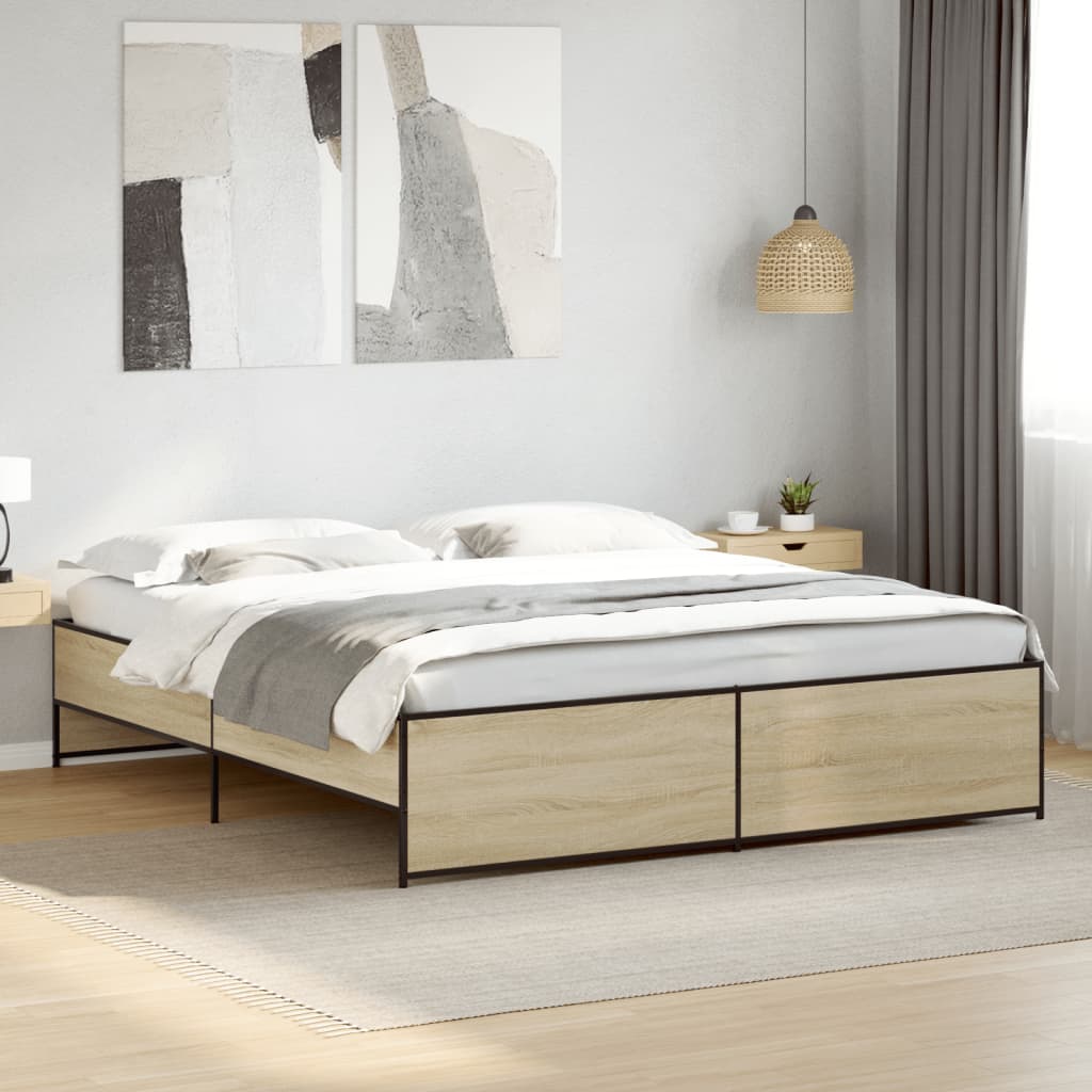 Bed Frame in Sonoma Oak 200 x 200 cm Engineered Wood and Metal