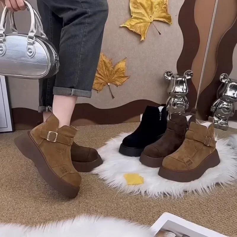 Kožešinové dámské platformové kotníkové boty semišové ploché módní boty žena 2025 trend zima návrhářské vycházkové teplé ležérní dámské sněhule