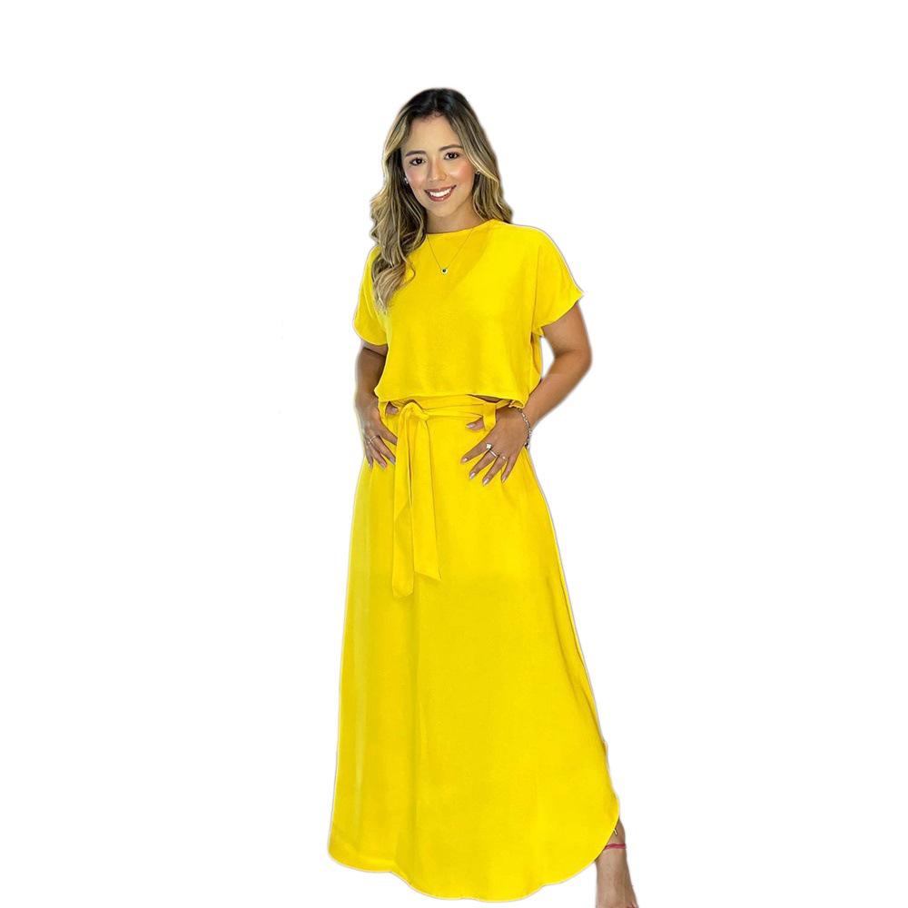 

Однотонная футболка с коротким рукавом и юбка-миди с высокой талией, универсальный комплект из двух предметов Small жёлтый