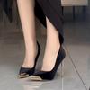 Black High Heels Women's 2025 Spring and Autumn New Metal Pointed Thin Heel Light Mouth Suede French Temperament Sexy Single Shoes